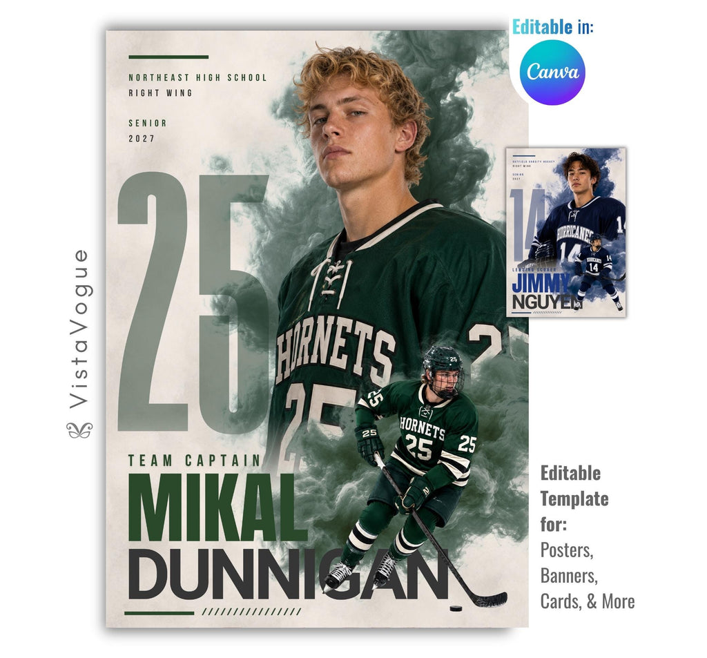 Editable hockey poster Canva template featuring a smoky athlete collage, oversized jersey number, bold player name, and multiple football photos in a 5:7 layout.