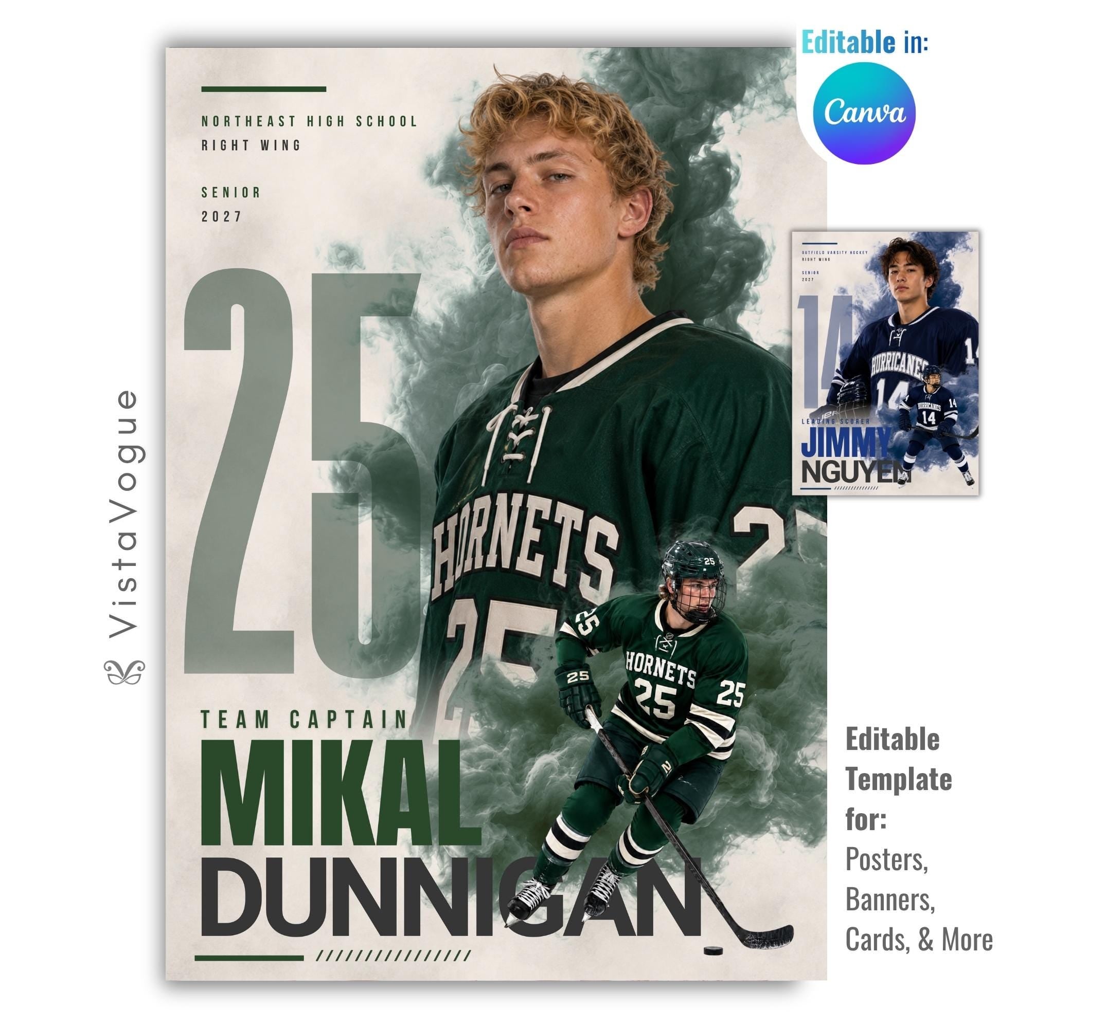 Editable hockey poster Canva template featuring a smoky athlete collage, oversized jersey number, bold player name, and multiple football photos in a 5:7 layout.