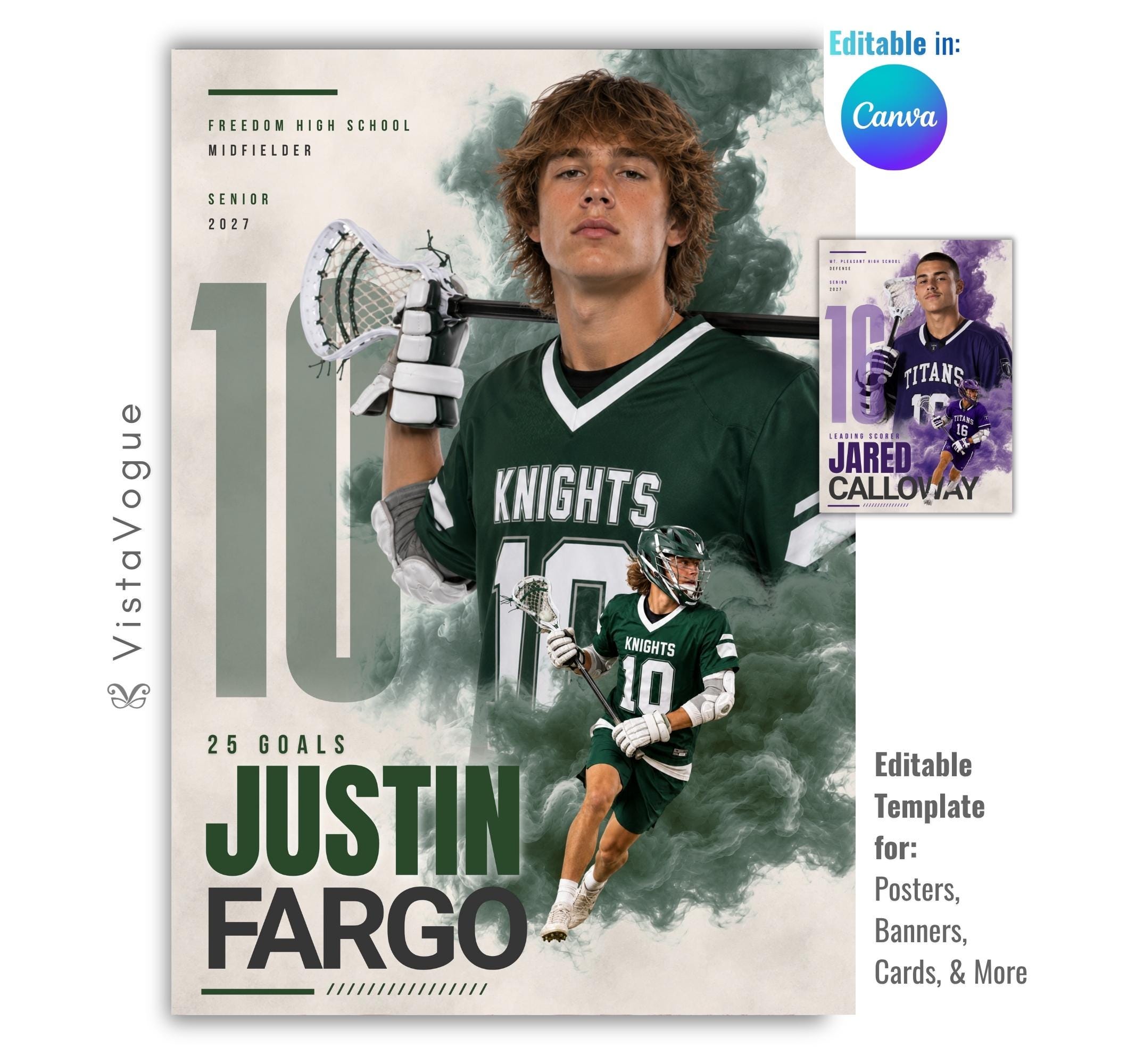 Editable lacrosse poster Canva template featuring a smoky athlete collage, oversized jersey number, bold player name, and multiple football photos in a 5:7 layout.