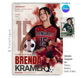Editable soccer poster Canva template featuring a smoky athlete collage, oversized jersey number, bold player name, and multiple football photos in a 5:7 layout.