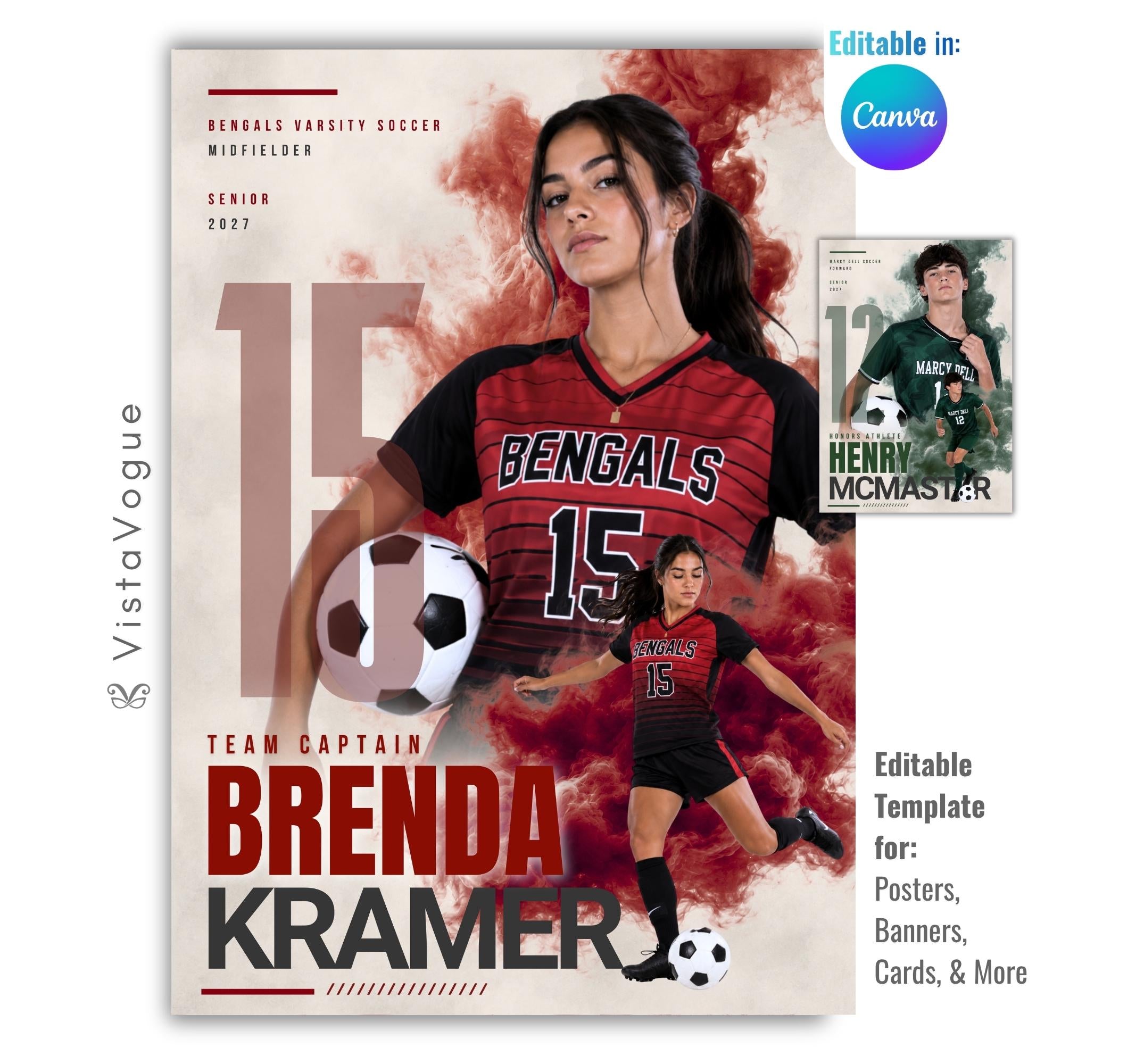 Editable soccer poster Canva template featuring a smoky athlete collage, oversized jersey number, bold player name, and multiple football photos in a 5:7 layout.