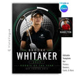 Editable golf poster Canva template featuring a golfer portrait, golf ball background, circular graphics, bold athlete name, and customizable recognition text.