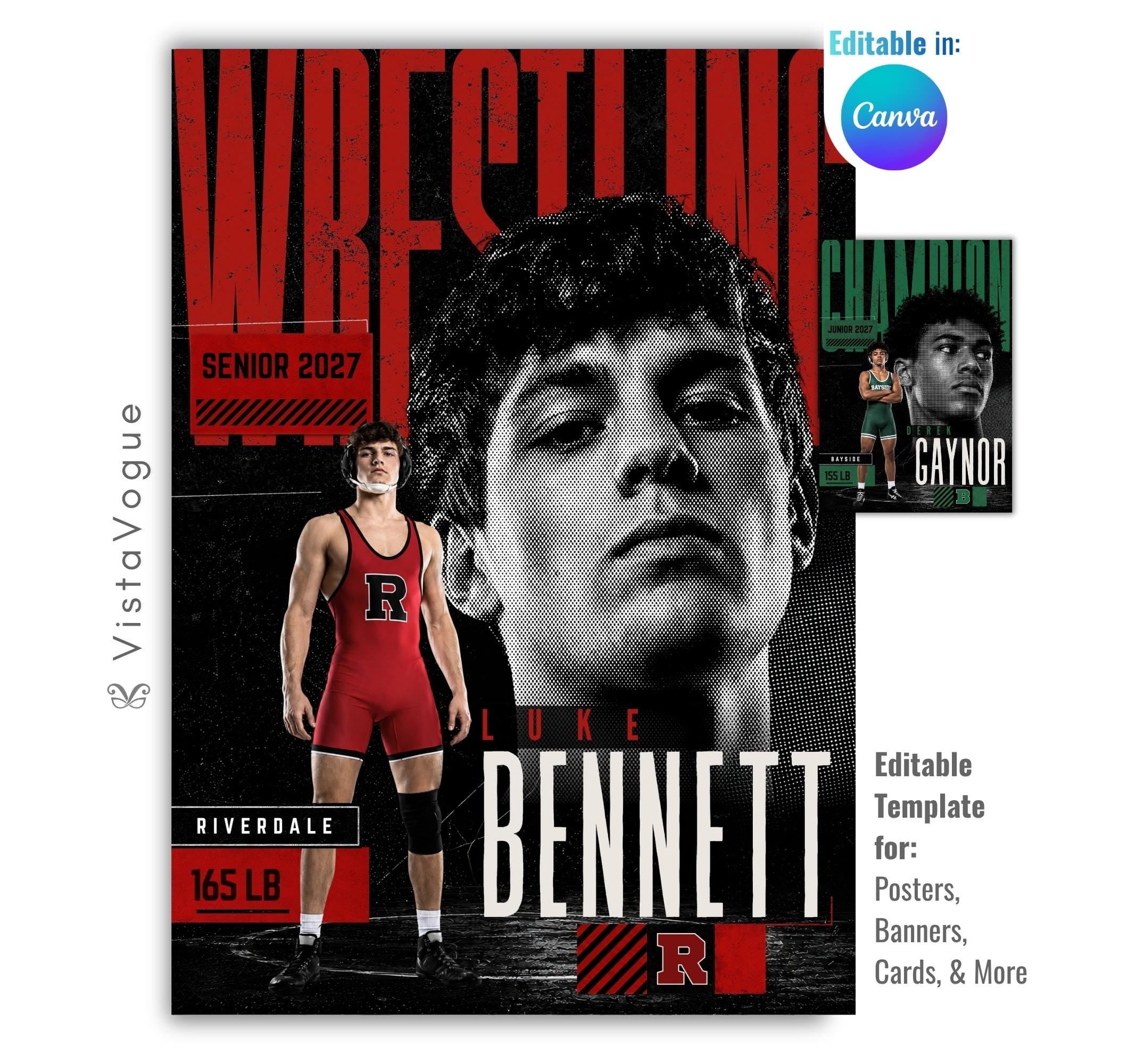 Editable wrestling poster Canva template featuring a wrestler, large halftone portrait, full-body athlete photo, distressed textures, and bold senior night typography.