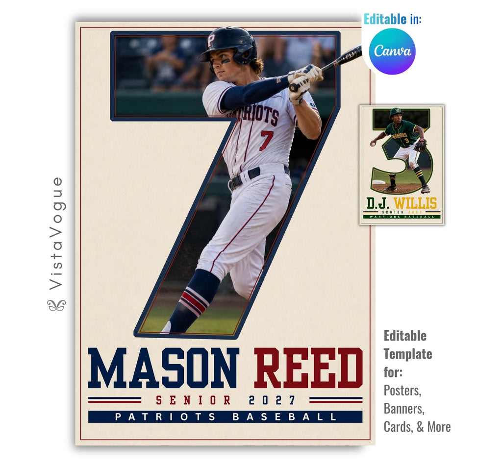 Editable baseball poster Canva template featuring a player photo inside an oversized jersey number, varsity typography, athlete name, senior year, and team details.