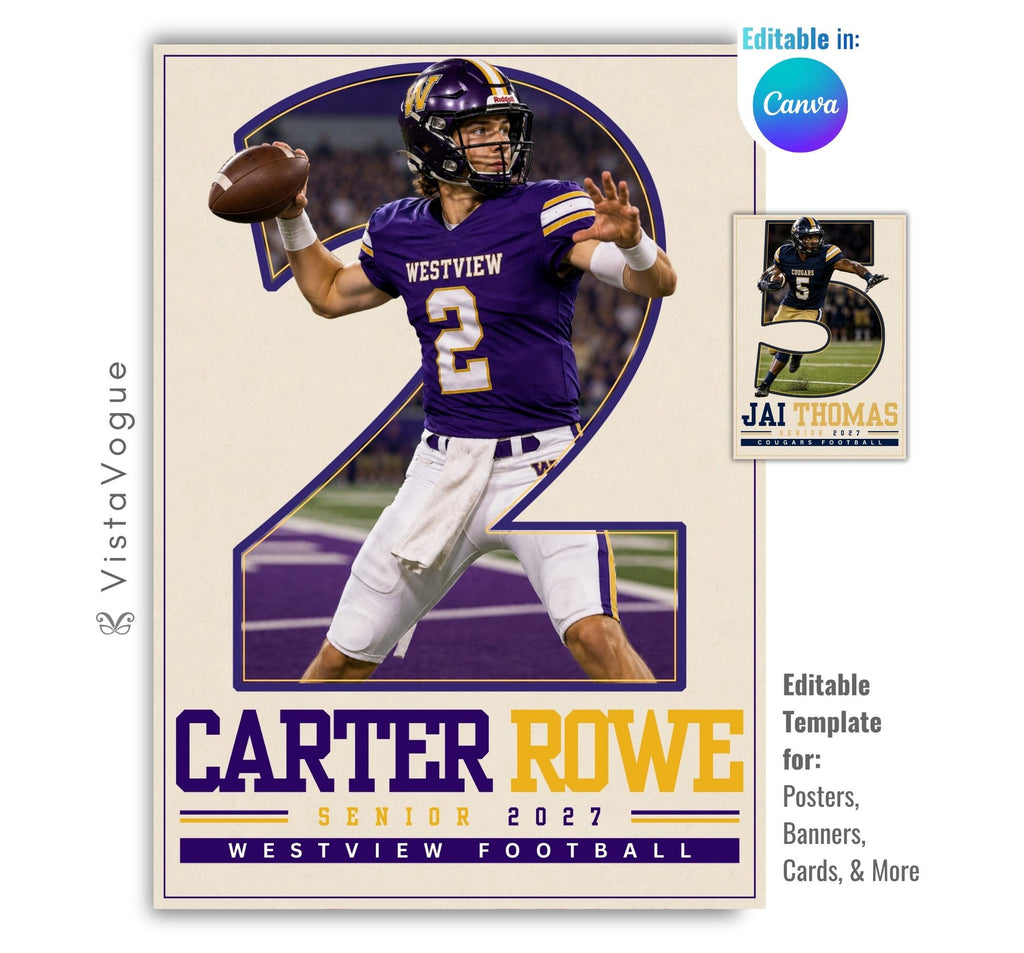 Editable football poster Canva template featuring a player photo inside an oversized jersey number, varsity typography, athlete name, senior year, and team details.