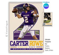 Editable football poster Canva template featuring a player photo inside an oversized jersey number, varsity typography, athlete name, senior year, and team details.