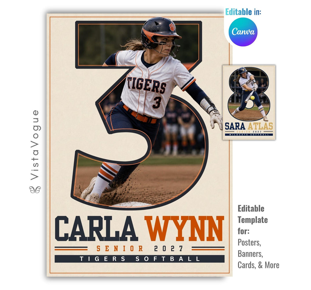 Editable softball poster Canva template featuring a player photo inside an oversized jersey number, varsity typography, athlete name, senior year, and team details.