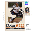 Editable softball poster Canva template featuring a player photo inside an oversized jersey number, varsity typography, athlete name, senior year, and team details.