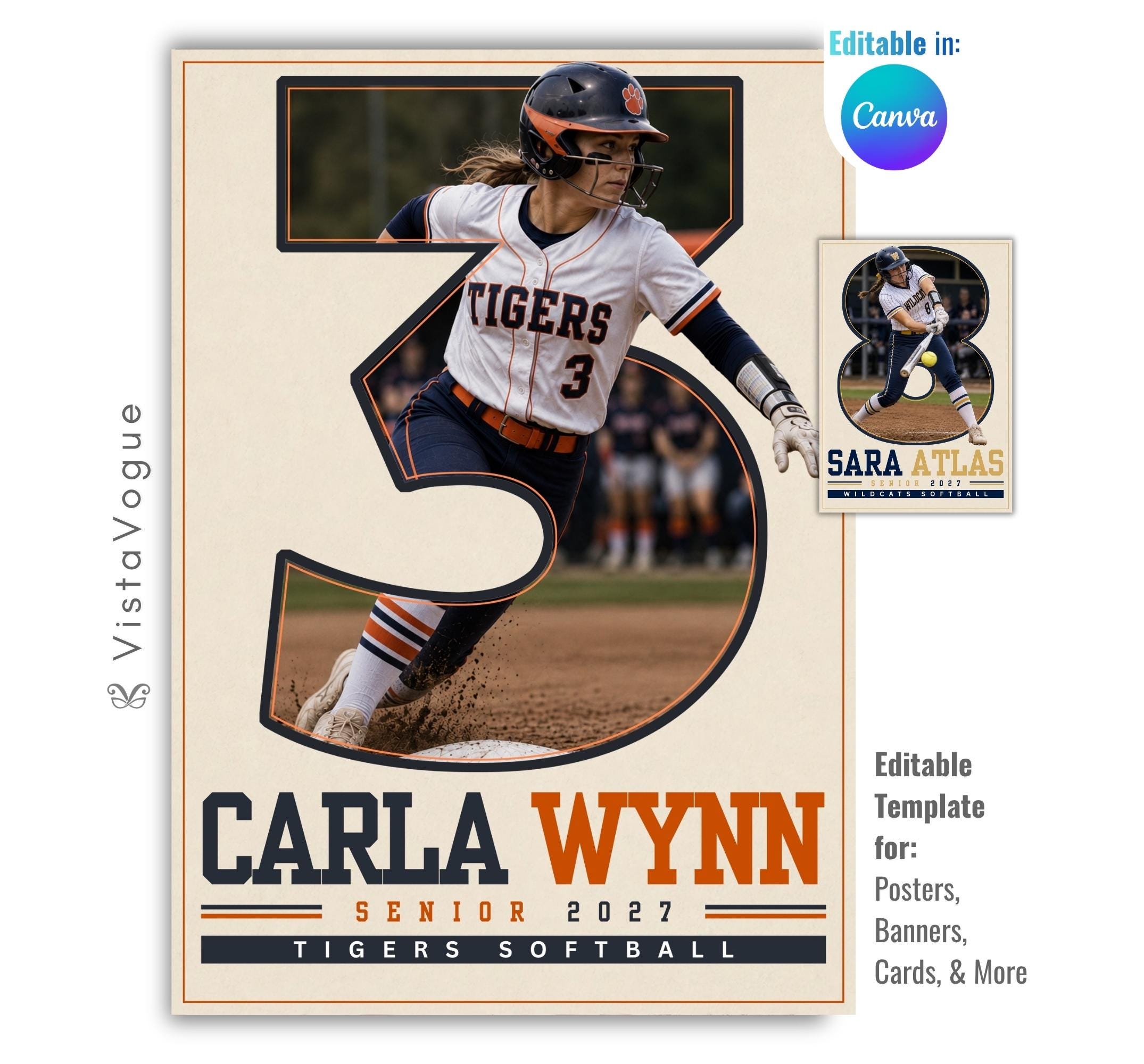 Editable softball poster Canva template featuring a player photo inside an oversized jersey number, varsity typography, athlete name, senior year, and team details.