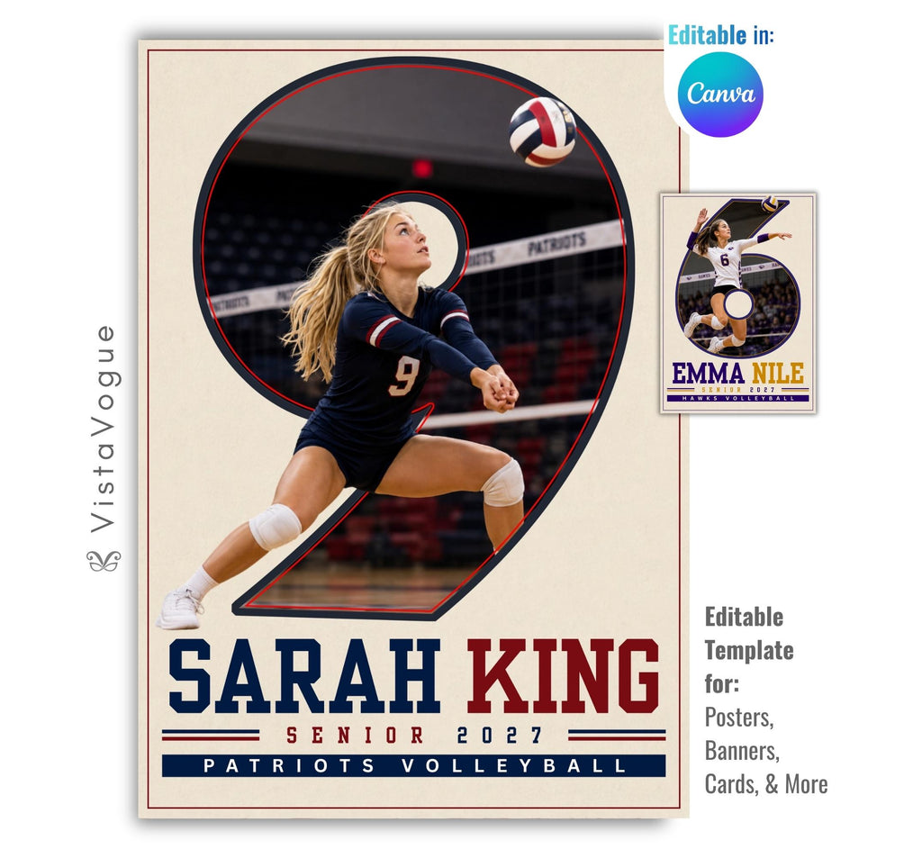 Editable volleyball poster Canva template featuring a player photo inside an oversized jersey number, varsity typography, athlete name, senior year, and team details.
