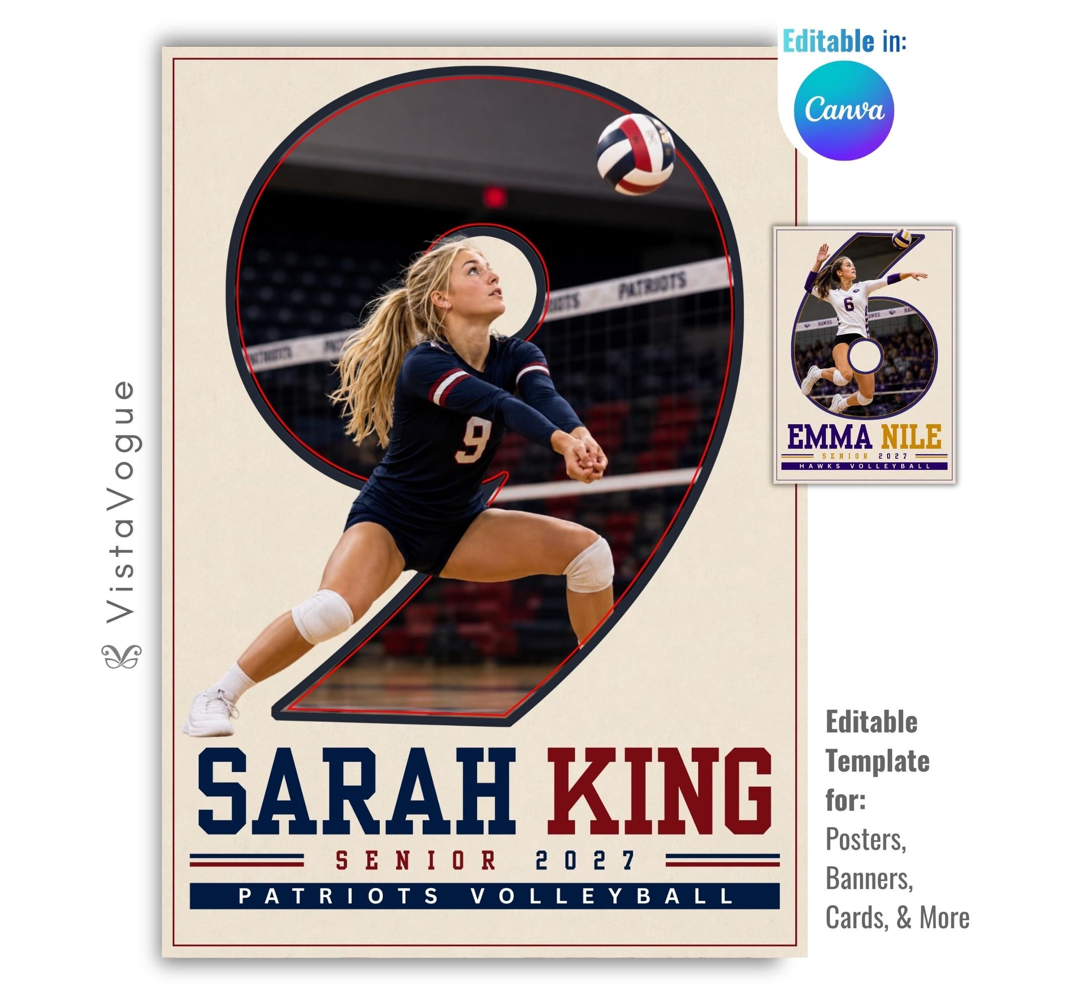 Editable volleyball poster Canva template featuring a player photo inside an oversized jersey number, varsity typography, athlete name, senior year, and team details.