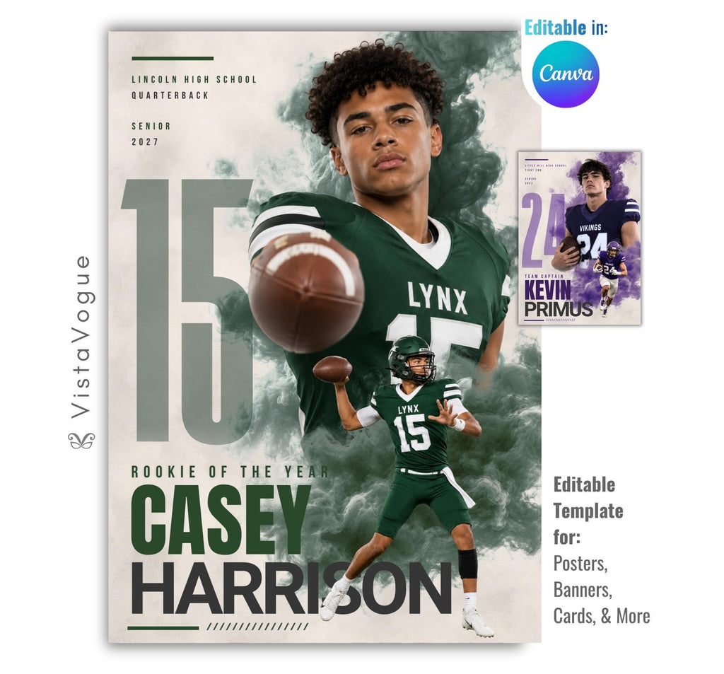 Editable football poster Canva template featuring a smoky athlete collage, oversized jersey number, bold player name, and multiple football photos in a 5:7 layout.