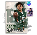 Editable football poster Canva template featuring a smoky athlete collage, oversized jersey number, bold player name, and multiple football photos in a 5:7 layout.