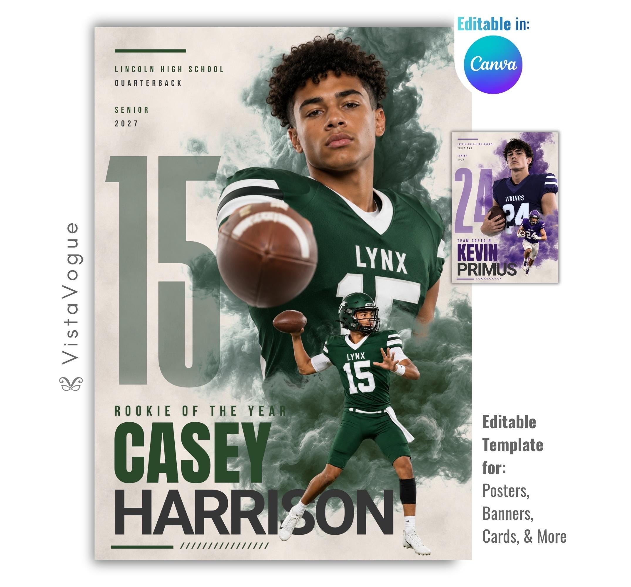 Editable football poster Canva template featuring a smoky athlete collage, oversized jersey number, bold player name, and multiple football photos in a 5:7 layout.