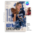 Editable softball poster Canva template featuring a smoky athlete collage, oversized jersey number, bold player name, and multiple football photos in a 5:7 layout.