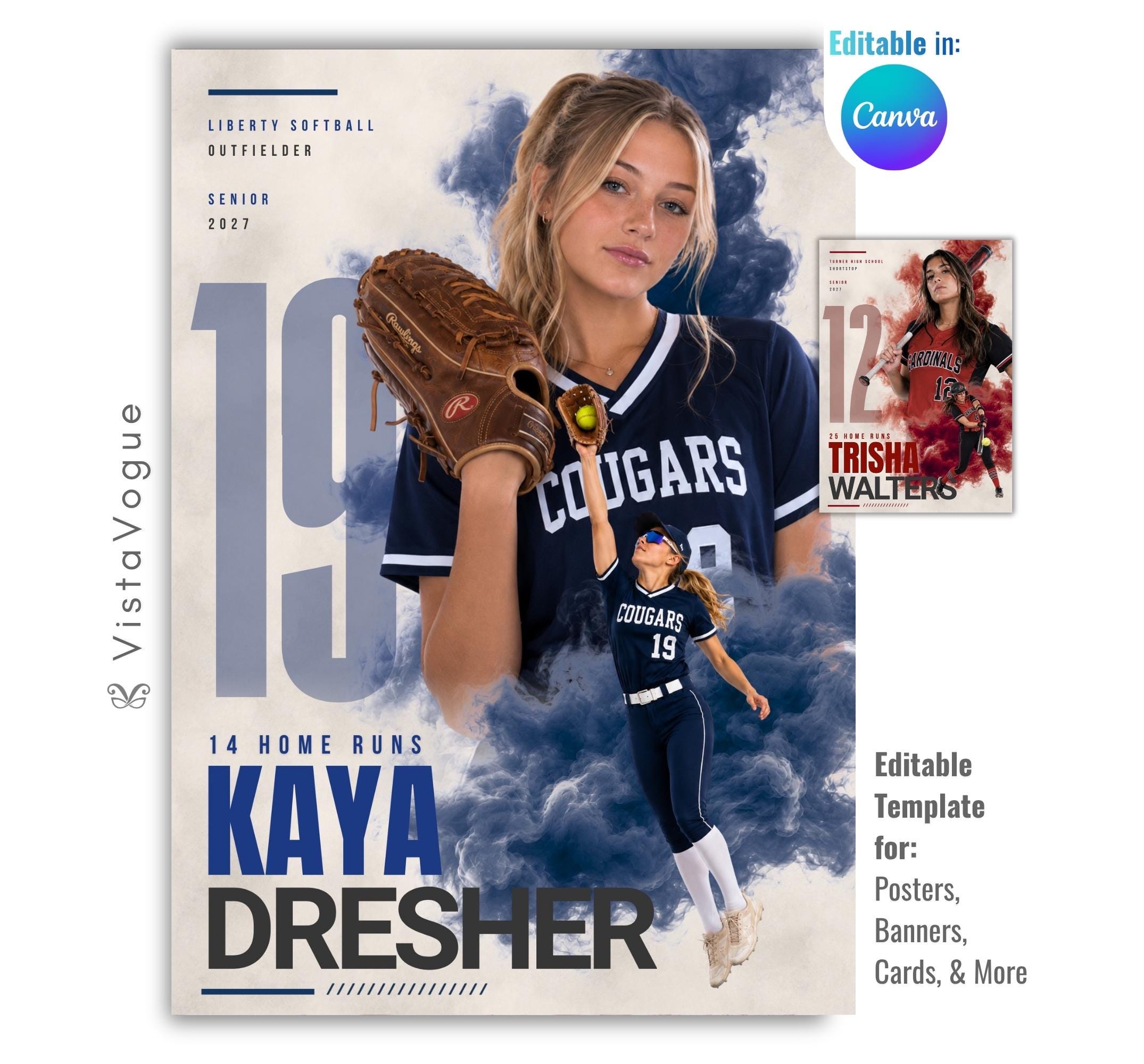 Editable softball poster Canva template featuring a smoky athlete collage, oversized jersey number, bold player name, and multiple football photos in a 5:7 layout.