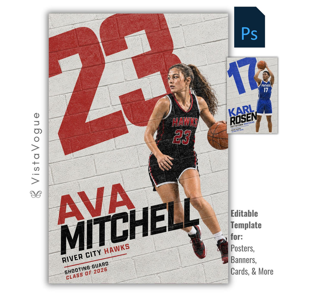 Basketball poster Photoshop template featuring an action player, oversized painted jersey number on a textured white brick wall, bold athlete name, team name, position, and class year.