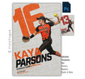 Softball poster Photoshop template featuring an action player, oversized painted jersey number on a textured white brick wall, bold athlete name, team name, position, and class year.