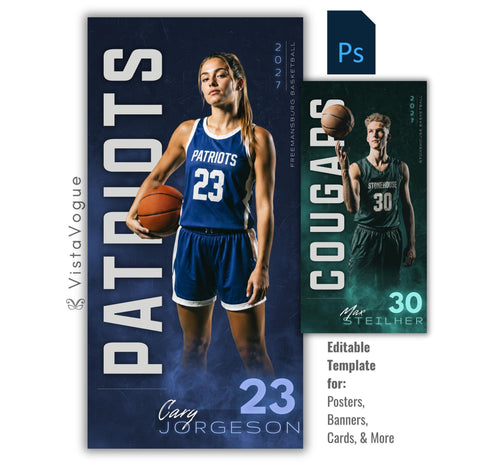 Basketball banner Photoshop template featuring a full-length player, oversized vertical mascot text, player number, athlete name, and smokey textured sports background.