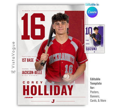 Editable baseball poster Canva template featuring a full-length baseball player, oversized jersey number, bold athlete name, position, school name, and modern sports graphics.