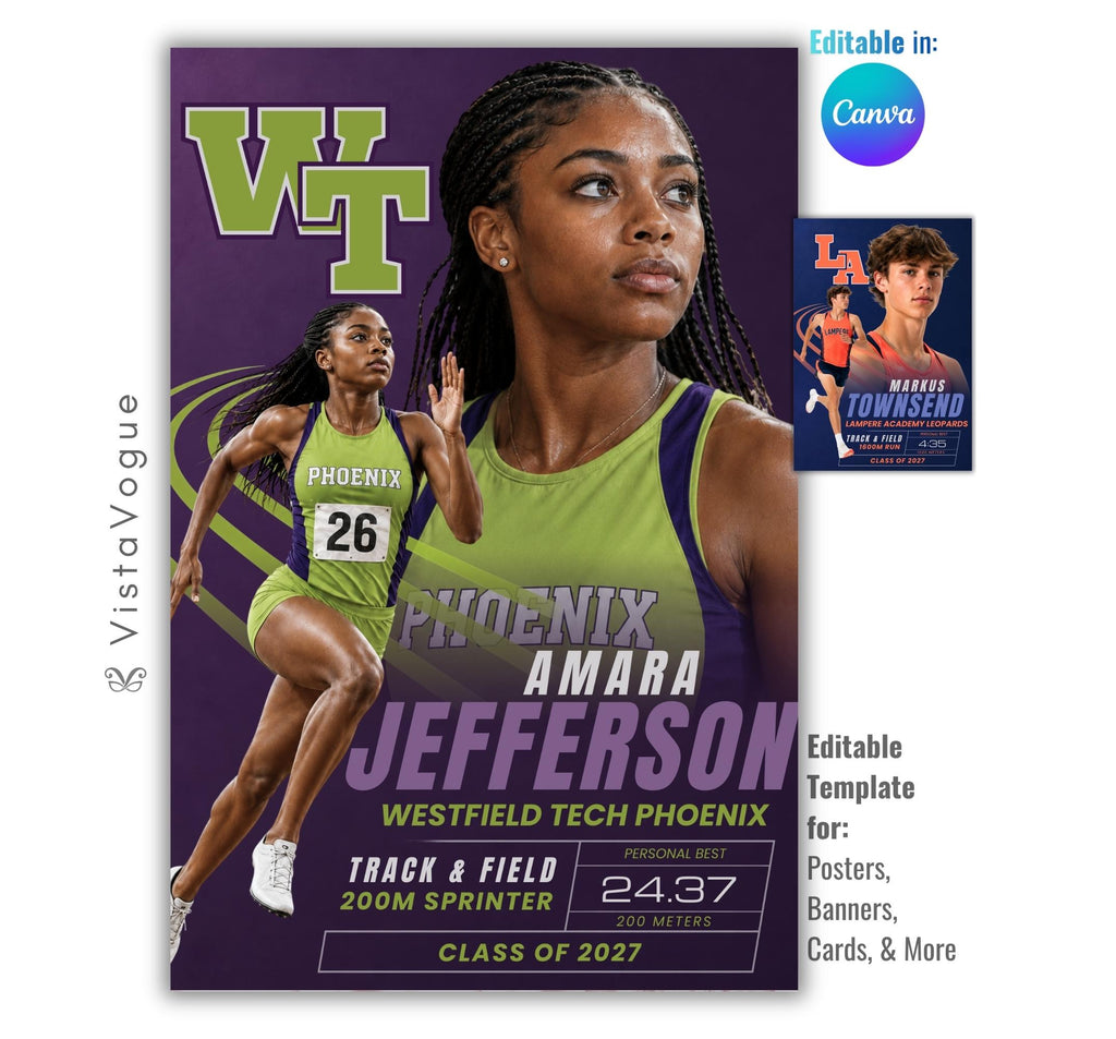 Editable track and field poster Canva template featuring a female sprinter, two-photo athlete layout, bold typography, track graphics, and personal best details.