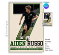 Editable soccer poster Canva template featuring a player photo inside an oversized jersey number, varsity typography, athlete name, senior year, and team details.