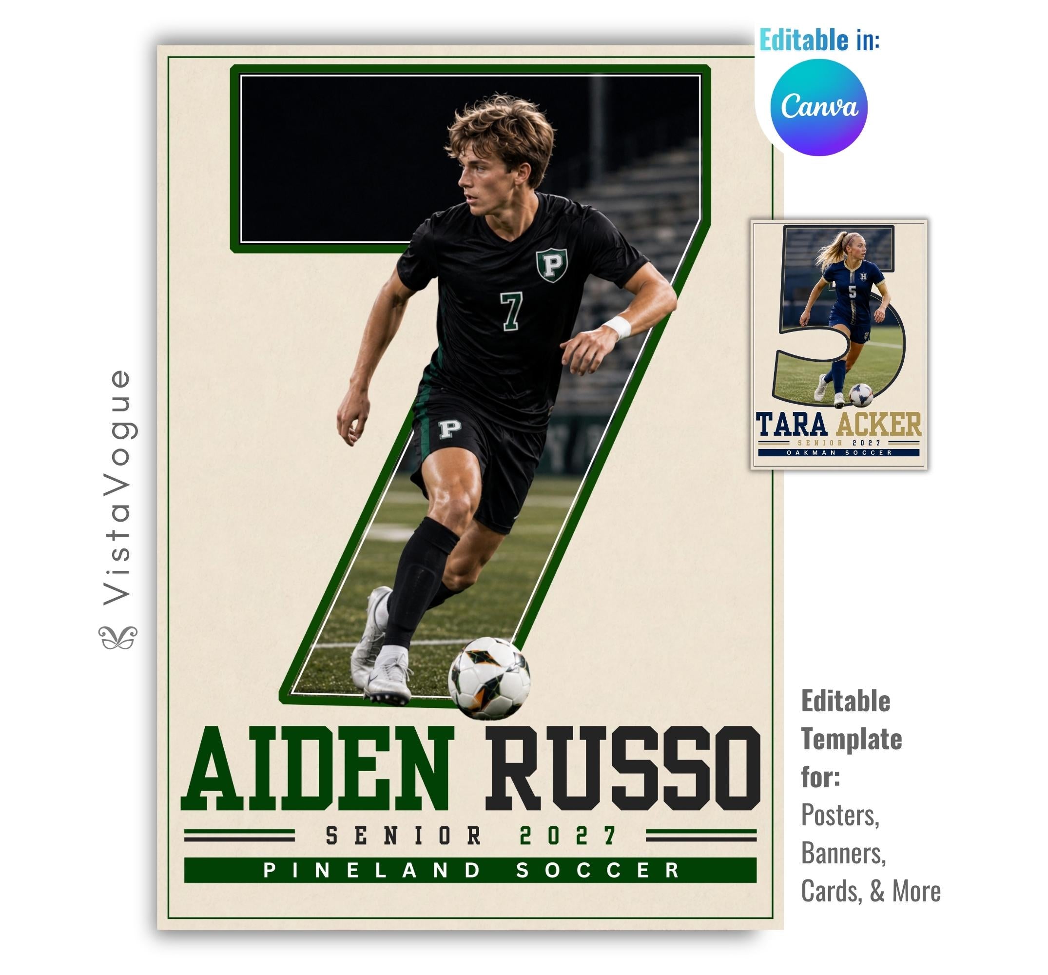 Editable soccer poster Canva template featuring a player photo inside an oversized jersey number, varsity typography, athlete name, senior year, and team details.