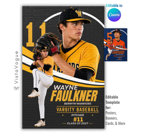 Editable baseball poster Canva template featuring layered athlete photos, a textured brick wall, oversized player number, bold athlete name, and sports graphics.
