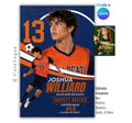 Editable soccer poster Canva template featuring layered athlete photos, a textured brick wall, oversized player number, bold athlete name, and sports graphics.