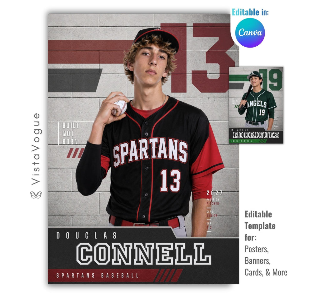 Editable baseball poster Canva template featuring a baseball player, textured concrete block background, oversized jersey number, bold athlete name, team information, stats, and customizable quote.