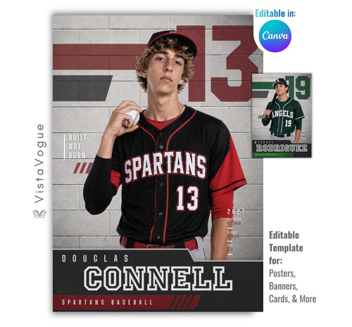 Editable baseball poster Canva template featuring a baseball player, textured concrete block background, oversized jersey number, bold athlete name, team information, stats, and customizable quote.