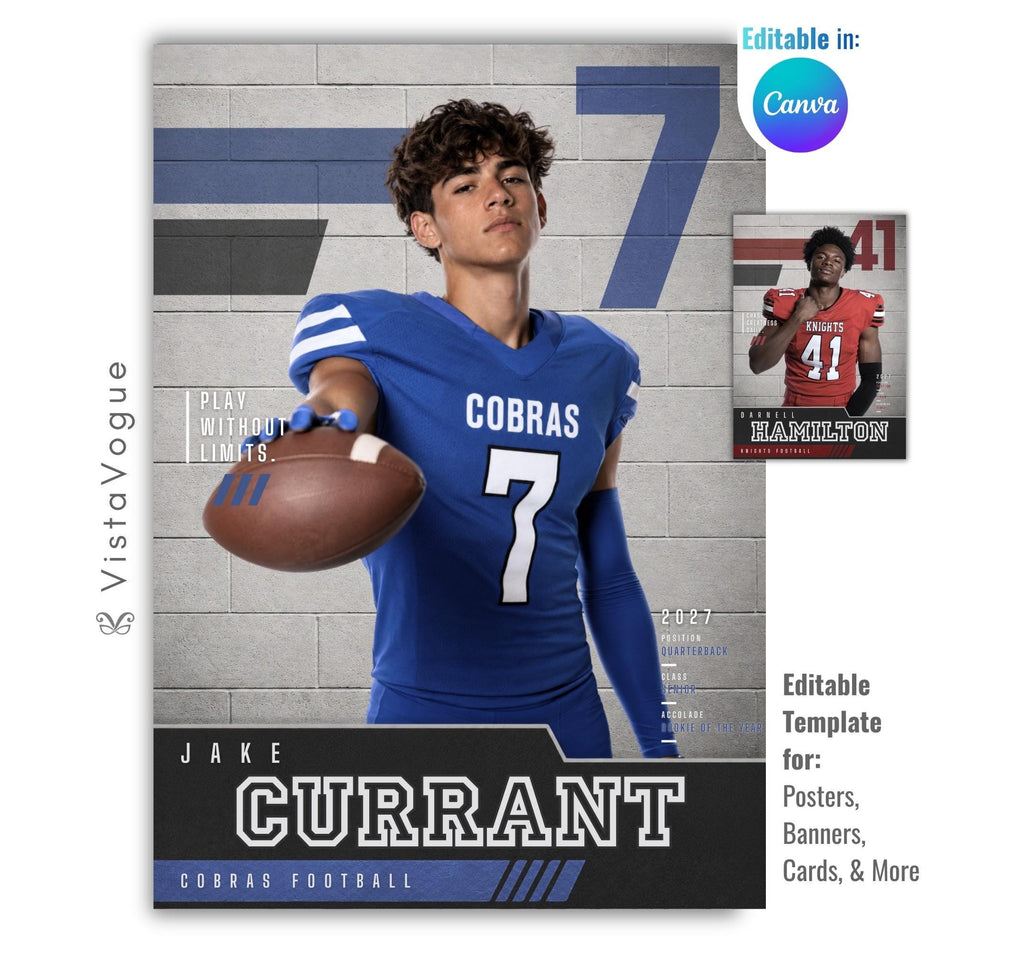 Editable football poster Canva template featuring a football player, textured concrete block background, oversized jersey number, bold athlete name, team information, stats, and customizable quote.