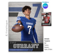 Editable football poster Canva template featuring a football player, textured concrete block background, oversized jersey number, bold athlete name, team information, stats, and customizable quote.