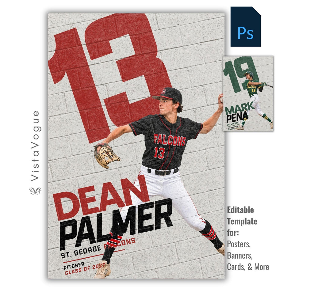 Baseball poster Photoshop template featuring an action player, oversized painted jersey number on a textured white brick wall, bold athlete name, team name, position, and class year.