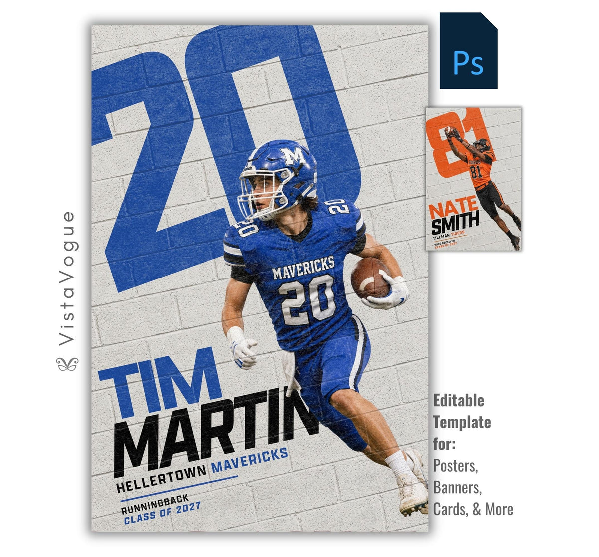 Football poster Photoshop template featuring an action player, oversized painted jersey number on a textured white brick wall, bold athlete name, team name, position, and class year.