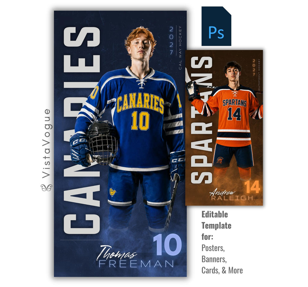 Hockey banner Photoshop template featuring a full-length player, oversized vertical mascot text, player number, athlete name, and smokey textured sports background.