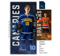 Hockey banner Photoshop template featuring a full-length player, oversized vertical mascot text, player number, athlete name, and smokey textured sports background.