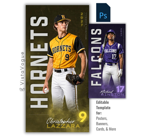 Baseball banner Photoshop template featuring a full-length player, oversized vertical mascot text, player number, athlete name, and smokey textured sports background.