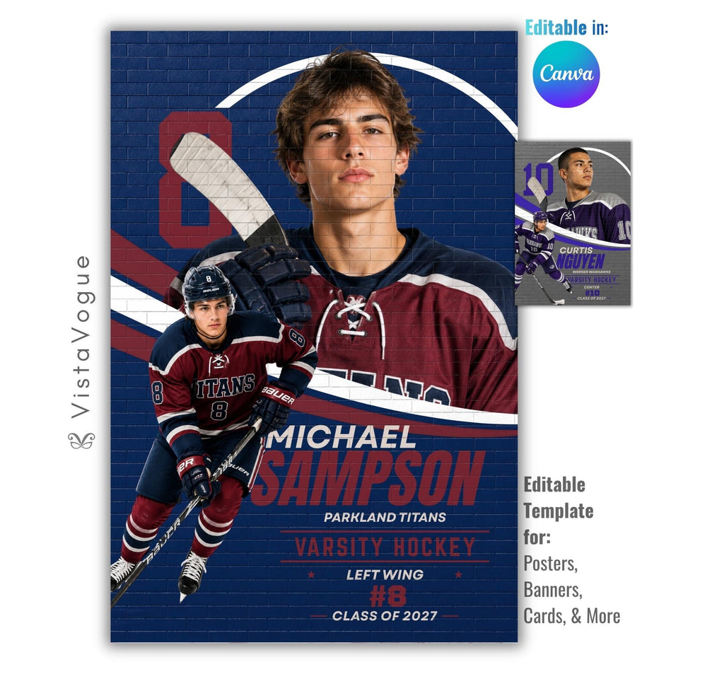 Editable hockey poster Canva template featuring layered athlete photos, a textured brick wall, oversized player number, bold athlete name, and sports graphics.