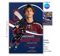 Editable hockey poster Canva template featuring layered athlete photos, a textured brick wall, oversized player number, bold athlete name, and sports graphics.