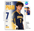 Editable soccer poster Canva template featuring a soccer player, bold halftone graphics, oversized athlete name, distressed player number, team name, position, and class year.