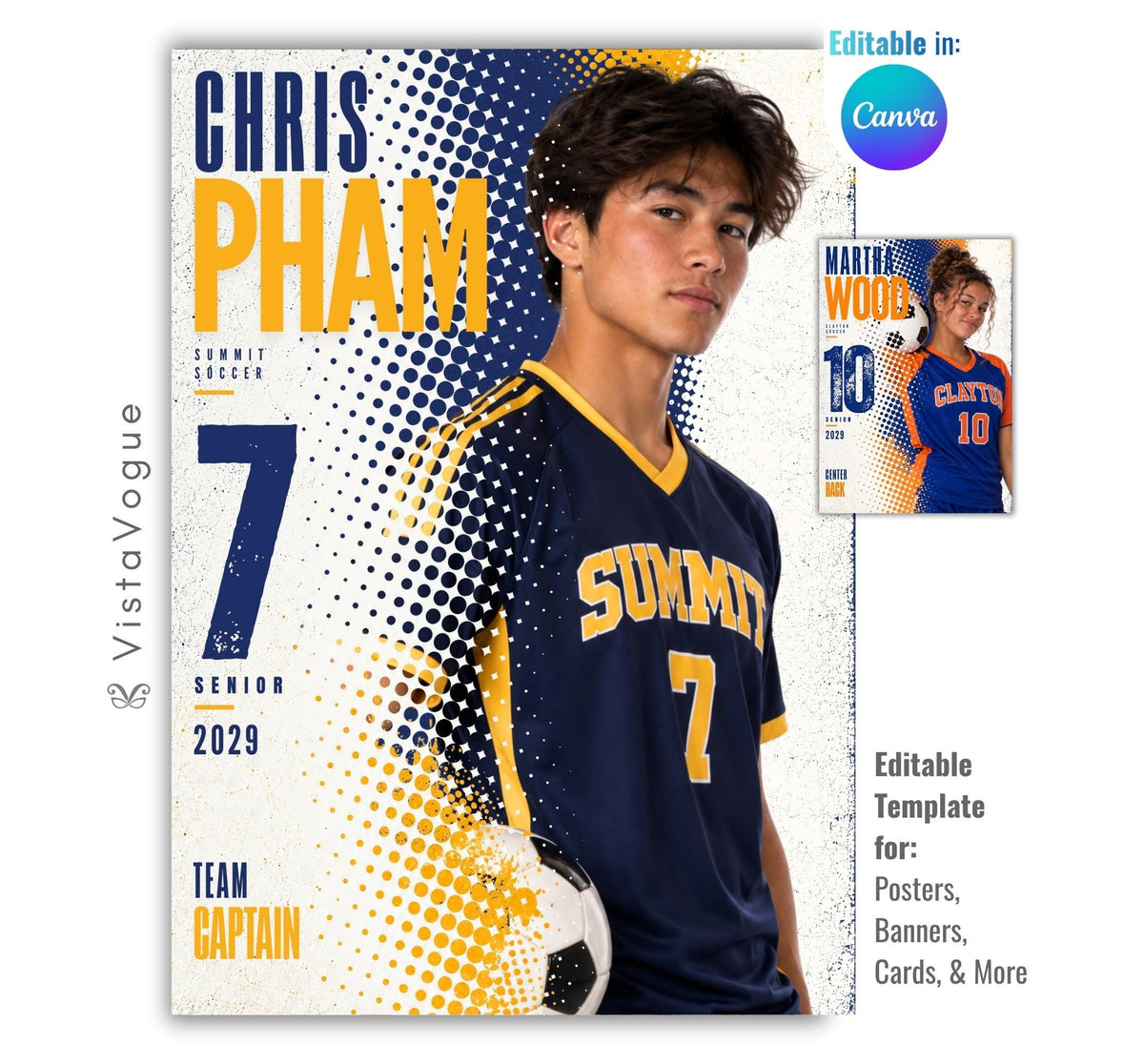 Editable soccer poster Canva template featuring a soccer player, bold halftone graphics, oversized athlete name, distressed player number, team name, position, and class year.