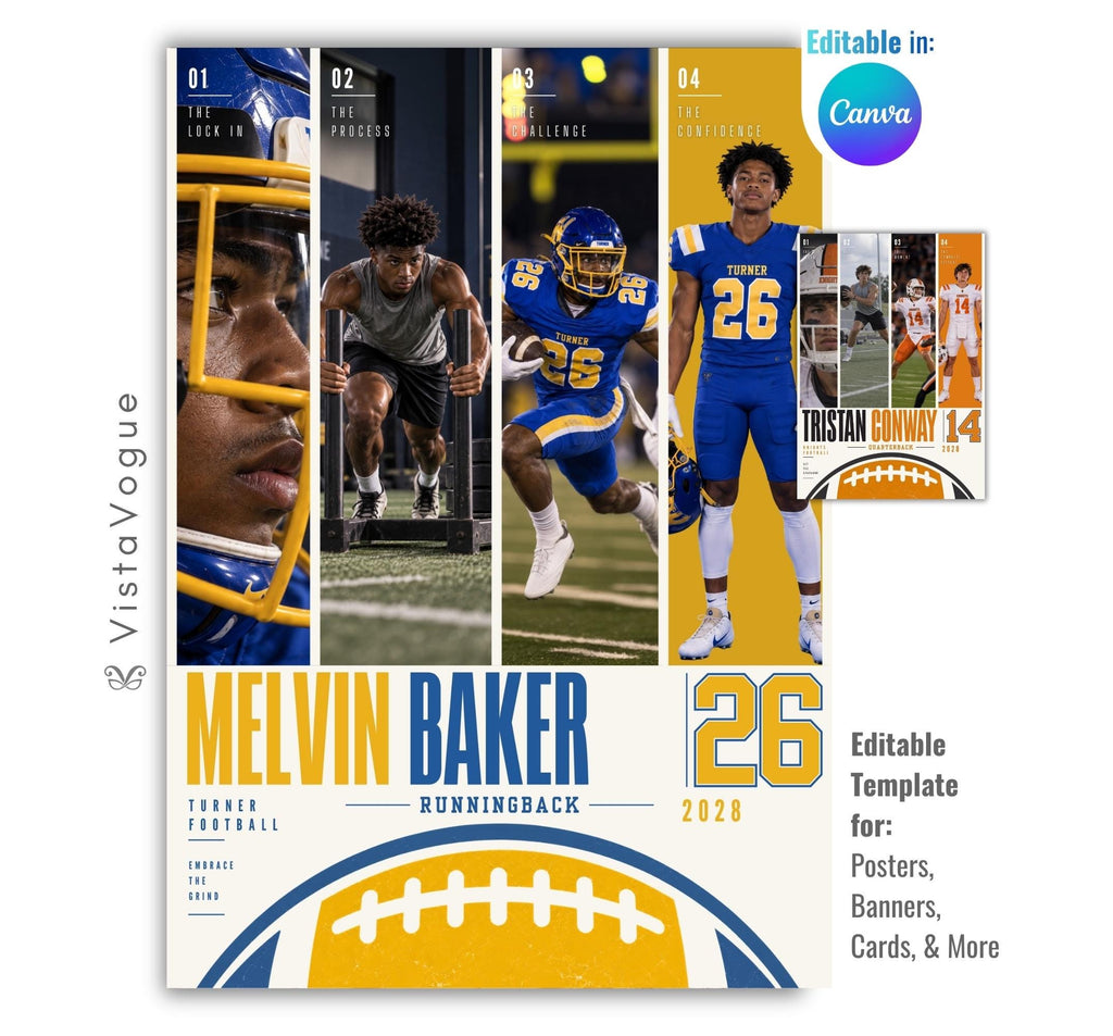 Editable football poster Canva template featuring four athlete photos, bold player name and number, position, class year, team information, custom quote text, and a large football graphic.