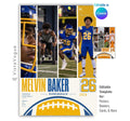 Editable football poster Canva template featuring four athlete photos, bold player name and number, position, class year, team information, custom quote text, and a large football graphic.