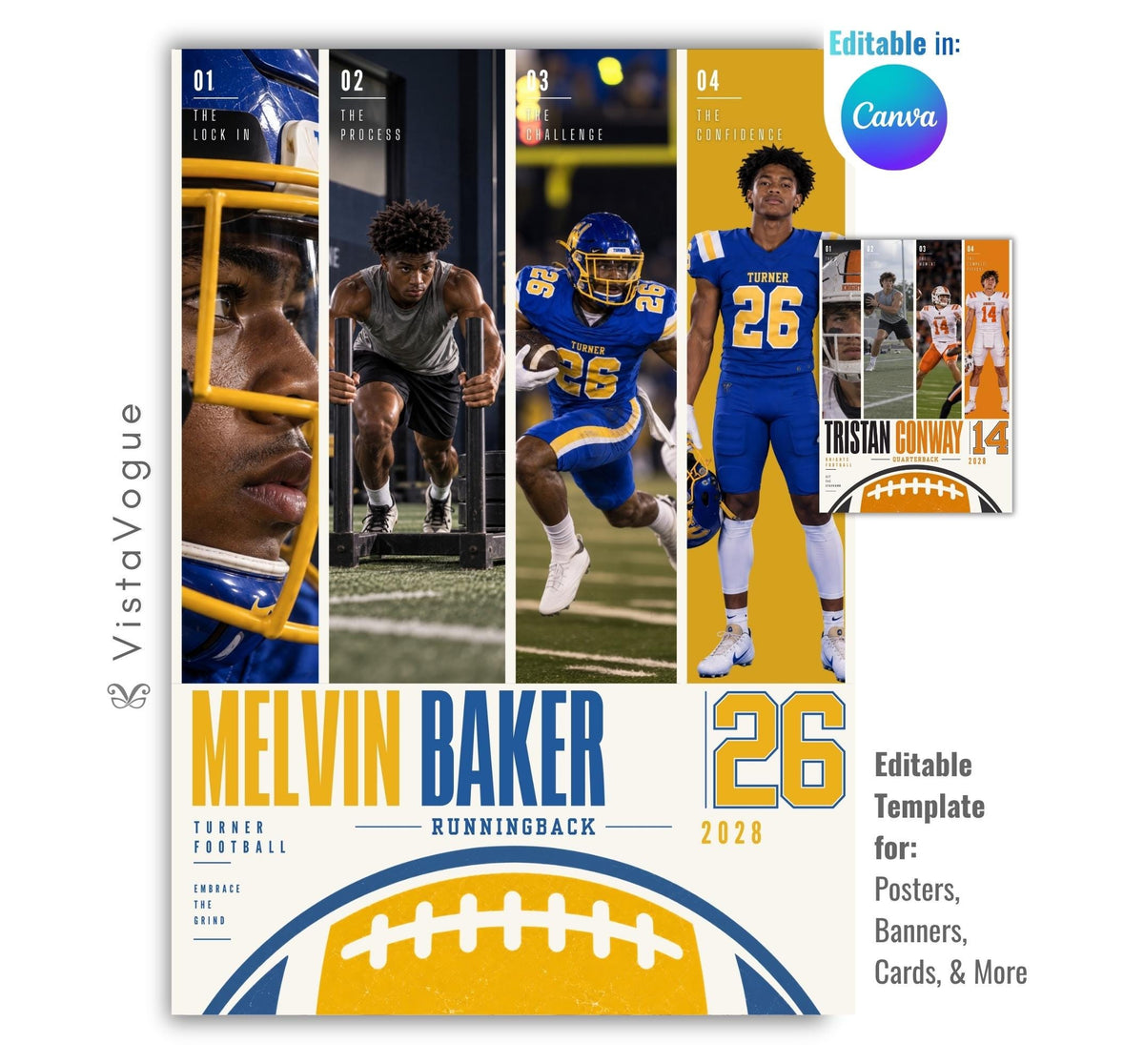 Editable football poster Canva template featuring four athlete photos, bold player name and number, position, class year, team information, custom quote text, and a large football graphic.
