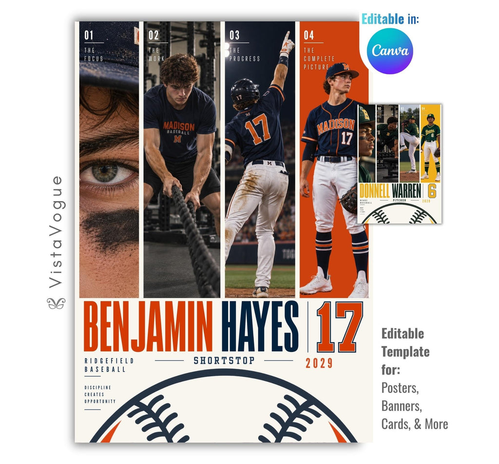 Editable baseball poster Canva template featuring four athlete photos, bold player name and number, position, class year, team information, custom quote text, and a large baseball graphic.
