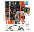 Editable baseball poster Canva template featuring four athlete photos, bold player name and number, position, class year, team information, custom quote text, and a large baseball graphic.