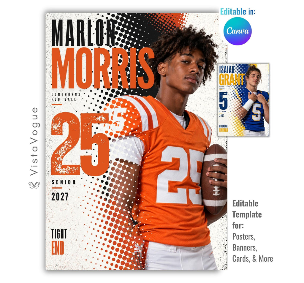 Editable football poster Canva template featuring a football player, bold halftone graphics, oversized athlete name, distressed player number, team name, position, and class year.