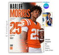 Editable football poster Canva template featuring a football player, bold halftone graphics, oversized athlete name, distressed player number, team name, position, and class year.