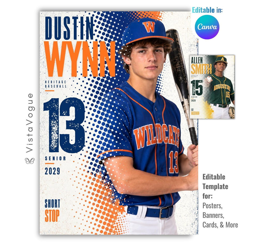 Editable baseball poster Canva template featuring a baseball player, bold halftone graphics, oversized athlete name, distressed player number, team name, position, and class year.
